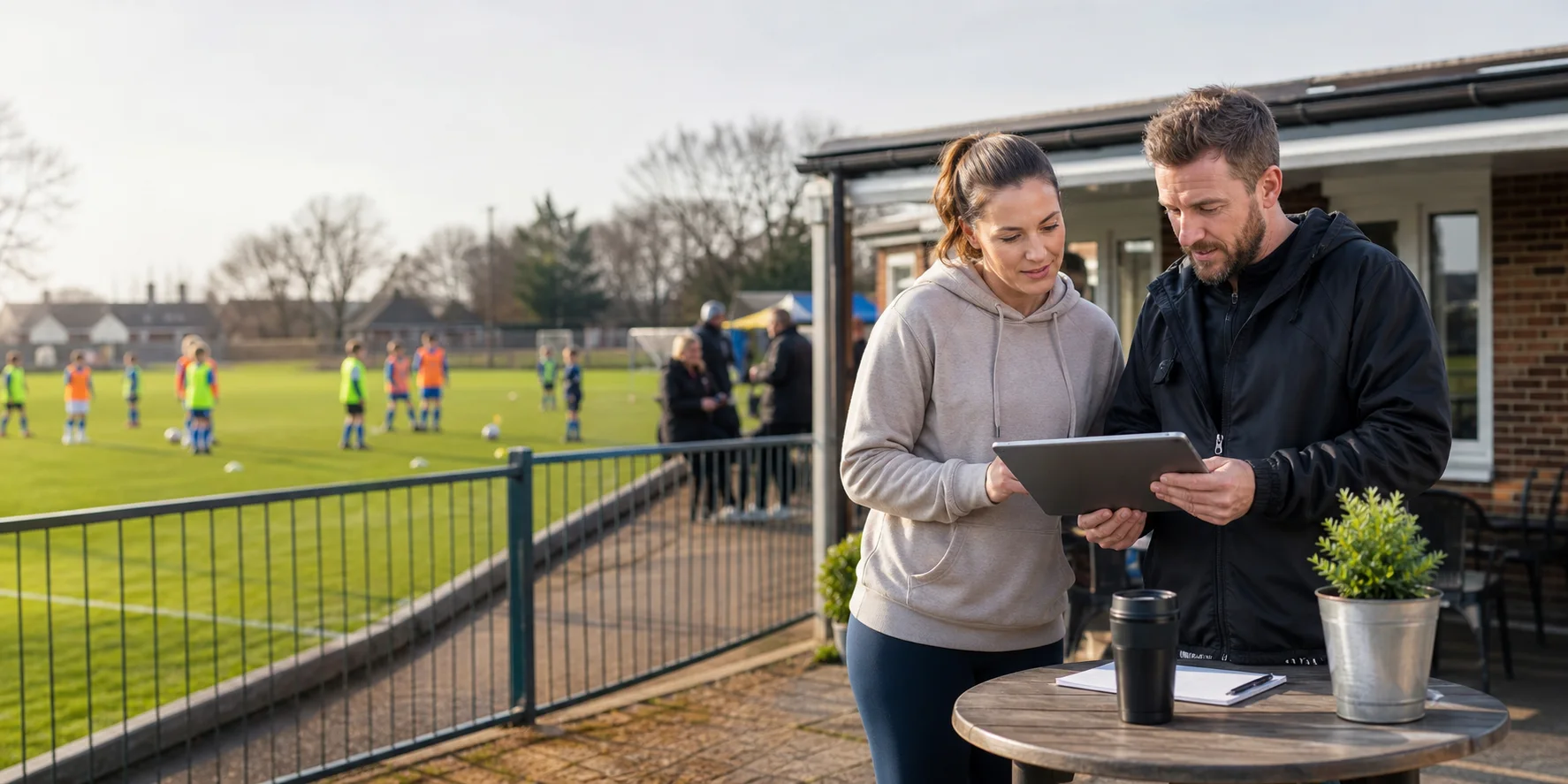 Club official and parent reviewing a tablet beside a grassroots sports pitch
