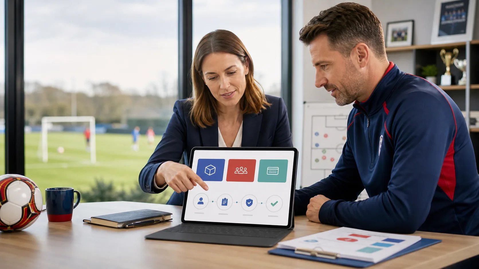 Club authority and coach reviewing package planning and setup options on a tablet beside a grassroots football pitch
