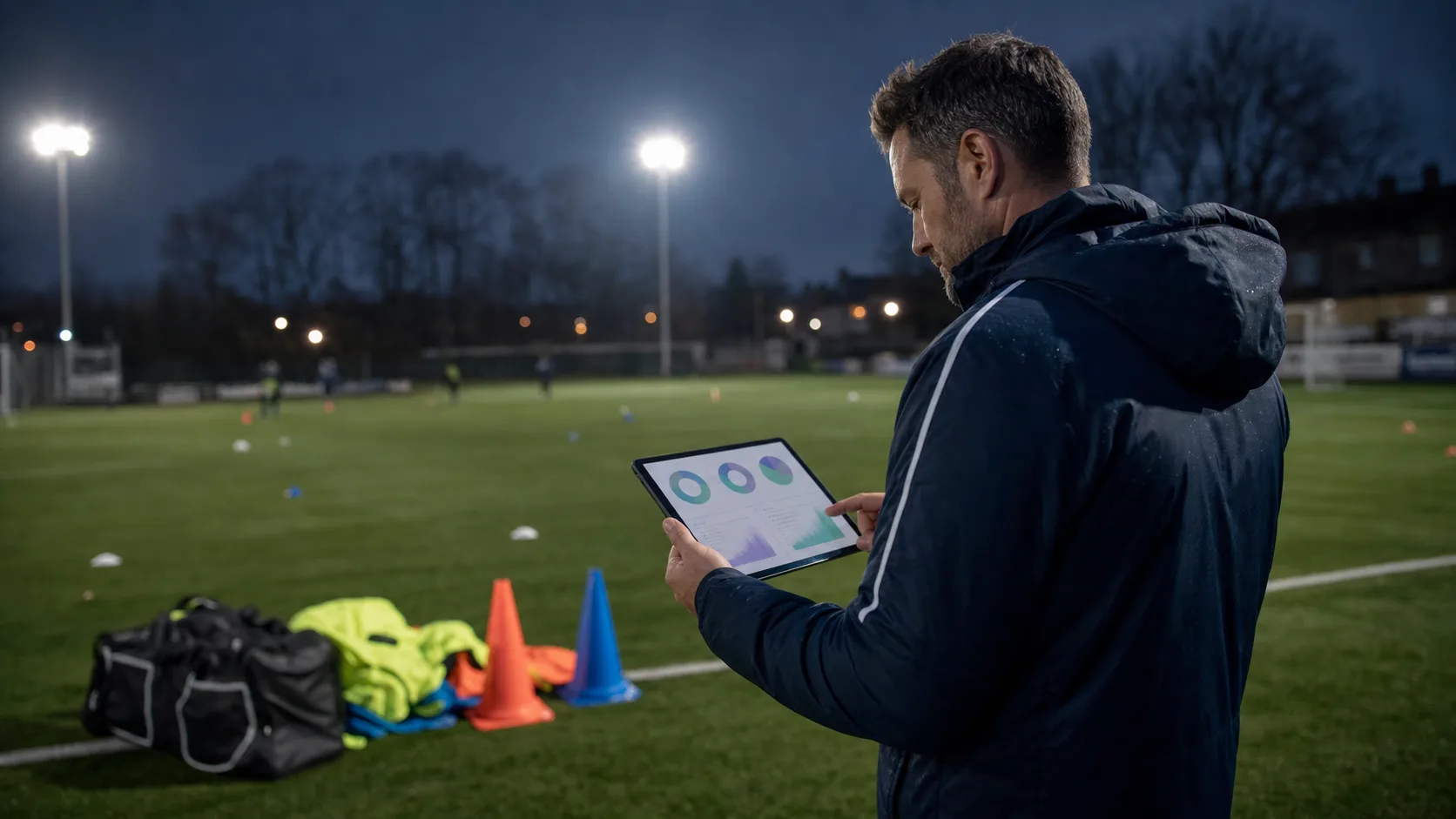 Club coach reviewing player development notes after a grassroots training session