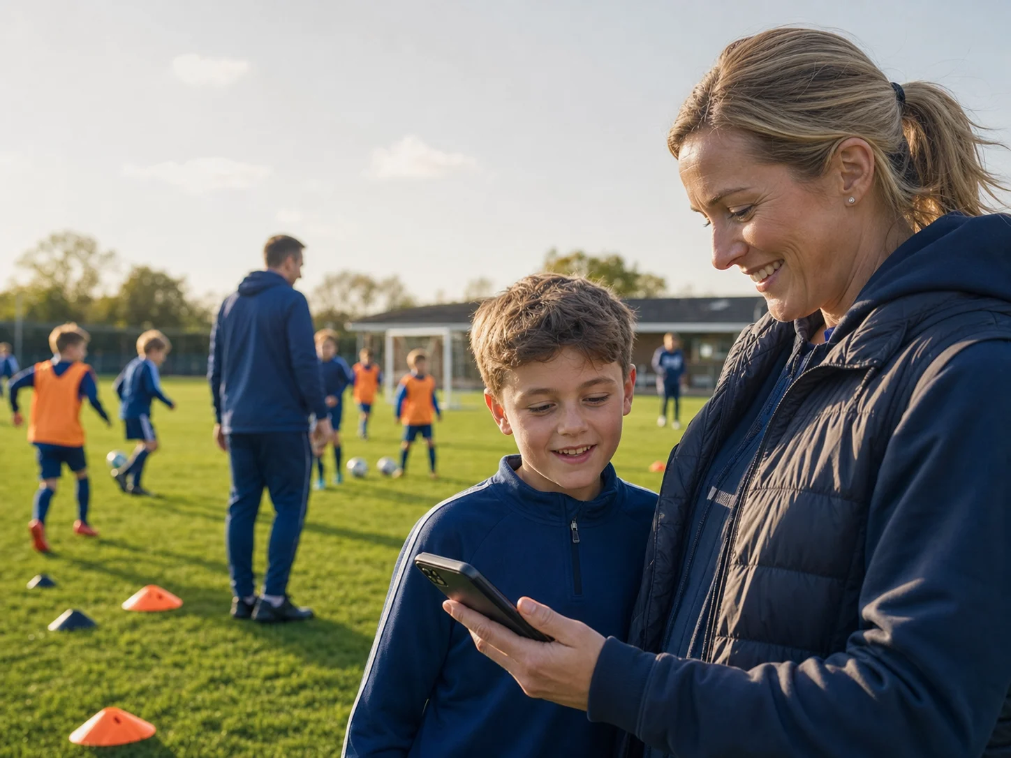 Smiling parent and child player using an official club link at a grassroots football session