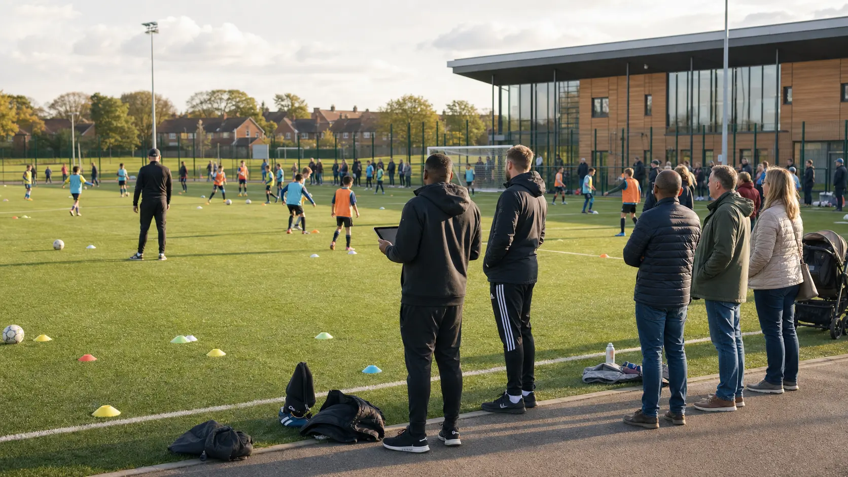 Grassroots academy scene showing coaches, young players, parents, and club operations around a training pitch
