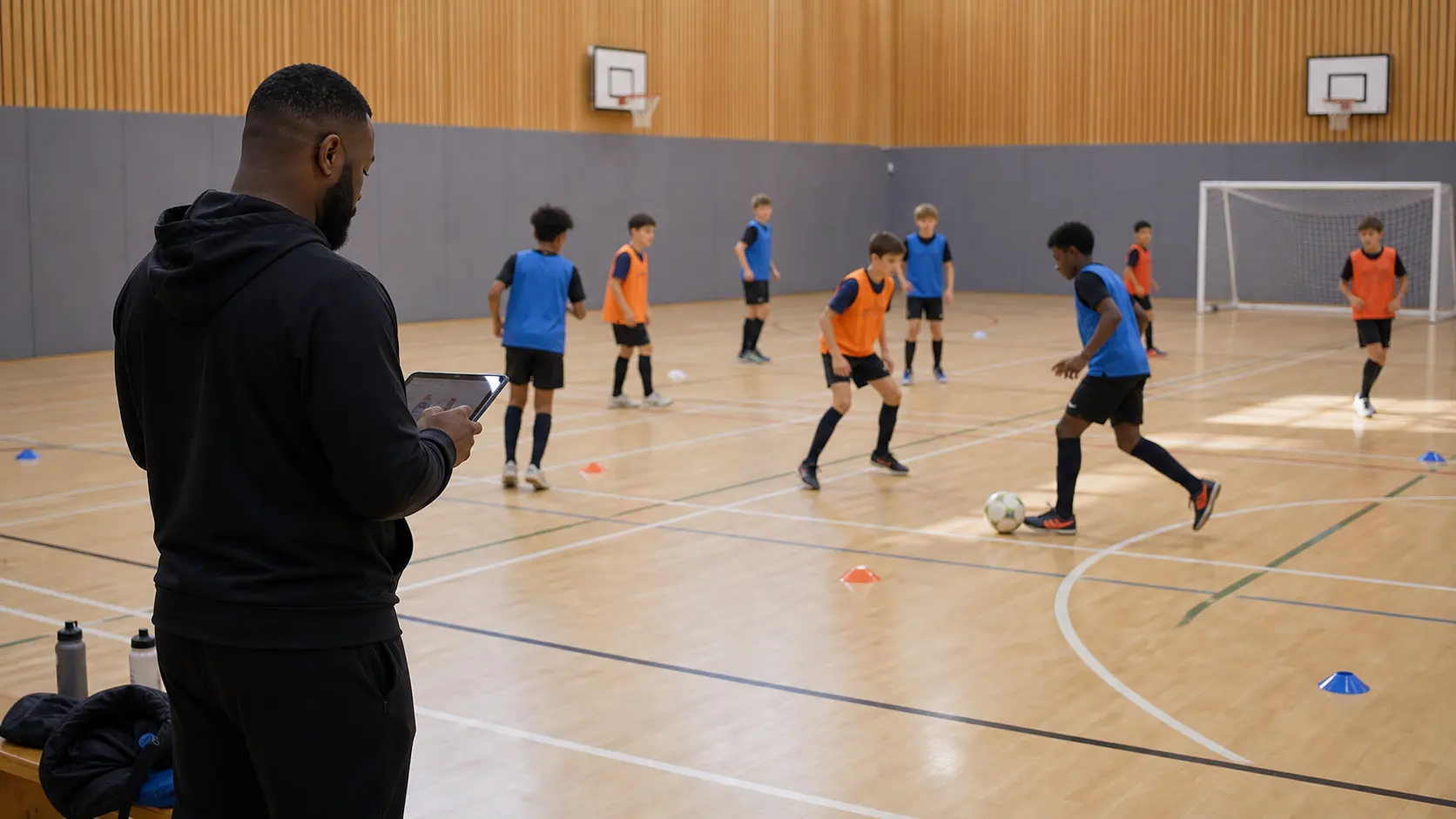 Club training session context with a coach, young players, and attendance notes in an indoor sports hall