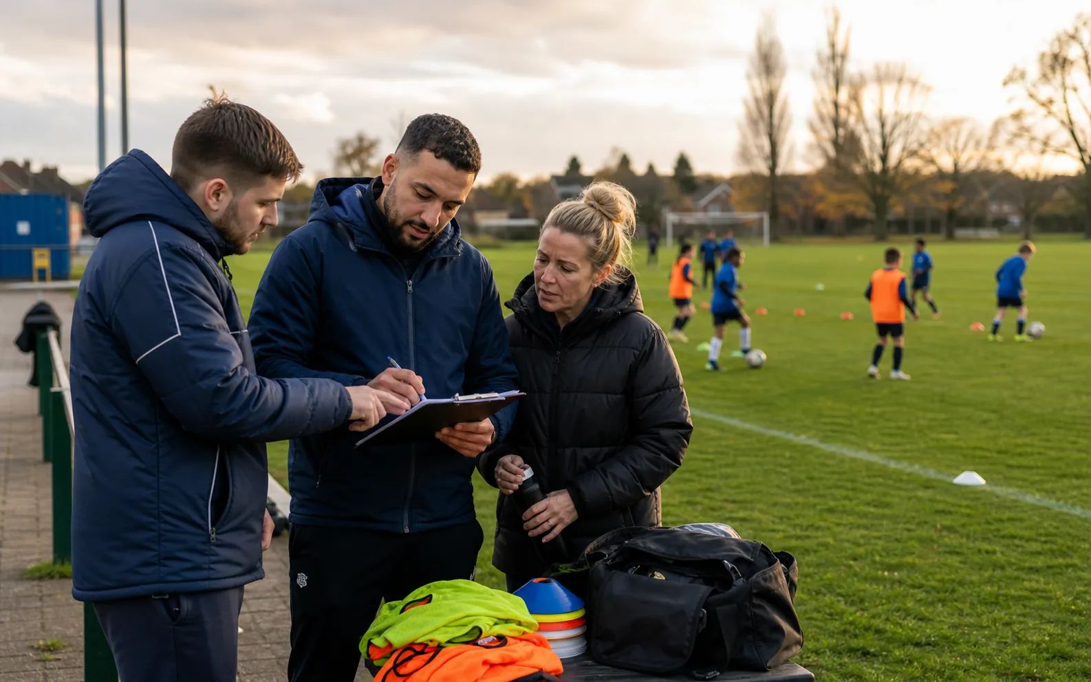 Illustrative grassroots academy organisers managing a training session from the touchline